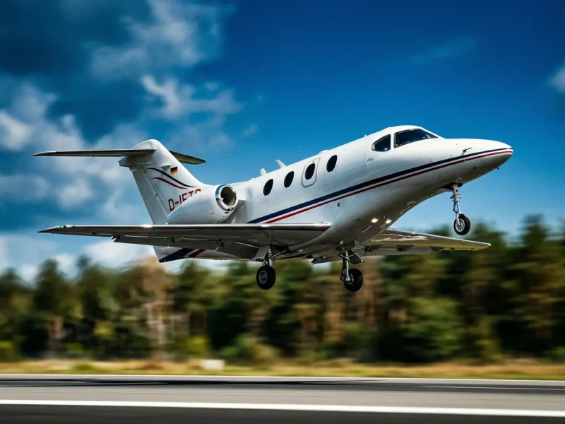 Ein weißer Businessjet der Finow Air Service mit der Kennung D-IETB befindet sich in der Phase des Abhebens von der Startbahn. Das Bugrad ist bereits deutlich in der Luft, während das Hauptfahrwerk noch knapp über dem Boden schwebt. Die Aufnahme zeigt das Flugzeug von schräg vorne rechts vor einem durch Bewegungsunschärfe verschwommenen Hintergrund aus grünen Bäumen. Der Himmel darüber ist blau mit markanten weißen Wolkenformationen. Der Rumpf weist die für das Unternehmen typischen roten und blauen Zierlinien auf.